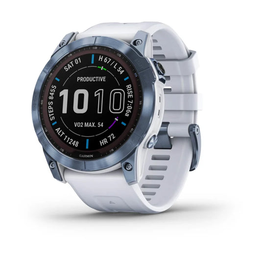 Garmin Fēnix 7X, édition solaire Sapphire, titane bleu minéral avec bracelet Whitestone (reconditionné certifié Garmin)