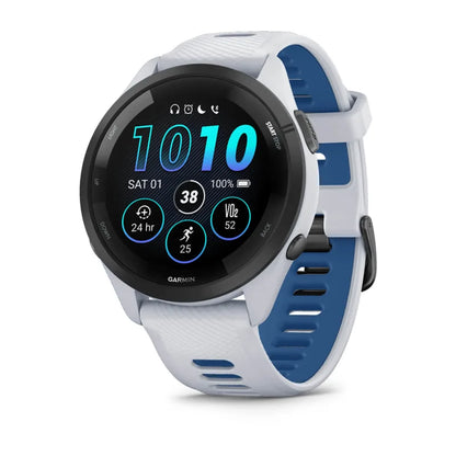 Garmin Forerunner 265, lunette noire de 46 mm avec boîtier Whitestone et bracelet en silicone Whitestone/Tidal Blue (010-02810-01)