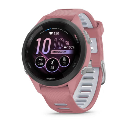 Garmin Forerunner 265S, lunette noire de 42 mm avec boîtier rose clair et bracelet en silicone rose clair/blanc (010-02810-05)