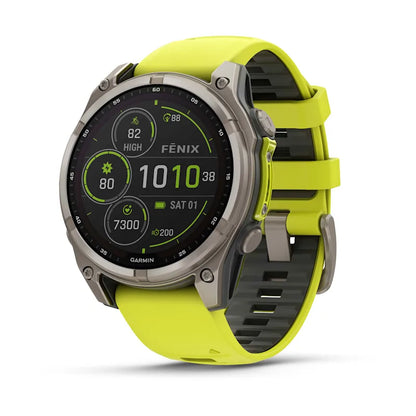 Garmin Fenix 8, 47 mm AMOLED, Solar Sapphire Titanium with Amp Yellow/Graphite Silicone Band (010-02906-20)