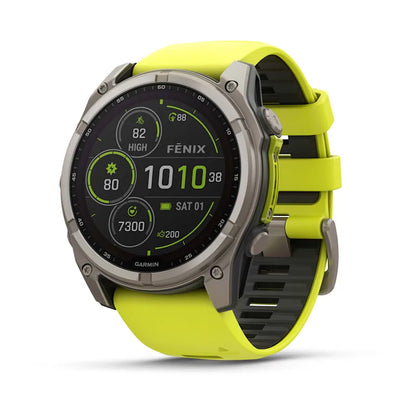 Garmin Fenix 8, 51 mm Solar Sapphire, Titanium with Amp Yellow/Graphite Silicone Band (010-02907-20)