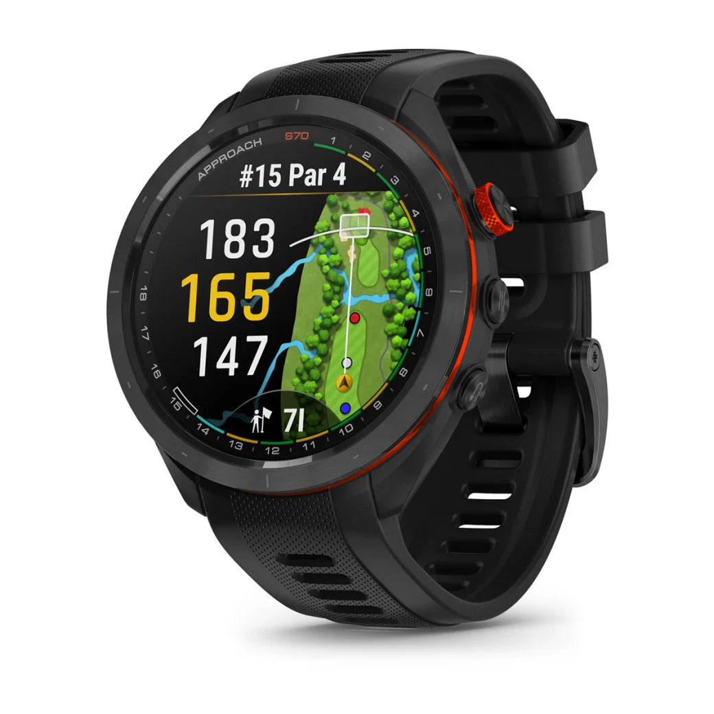 Garmin Approach S70, lunette en céramique noire/rouge de 47 mm avec bracelet en silicone noir (010-02746-02)