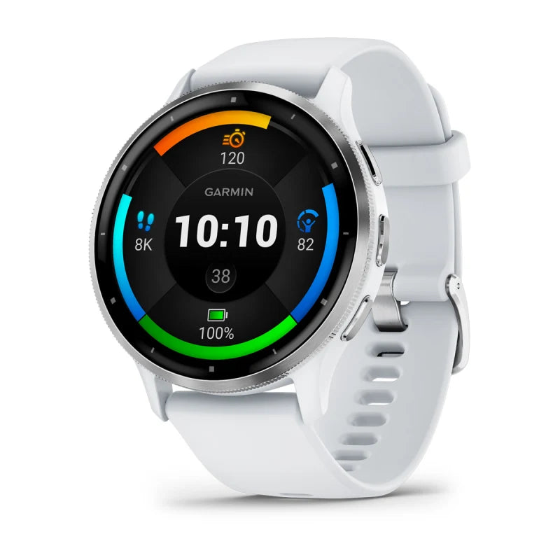 Garmin Venu 3, lunette en acier inoxydable argenté de 45 mm avec boîtier Whitestone et bracelet en silicone (010-02784-00)