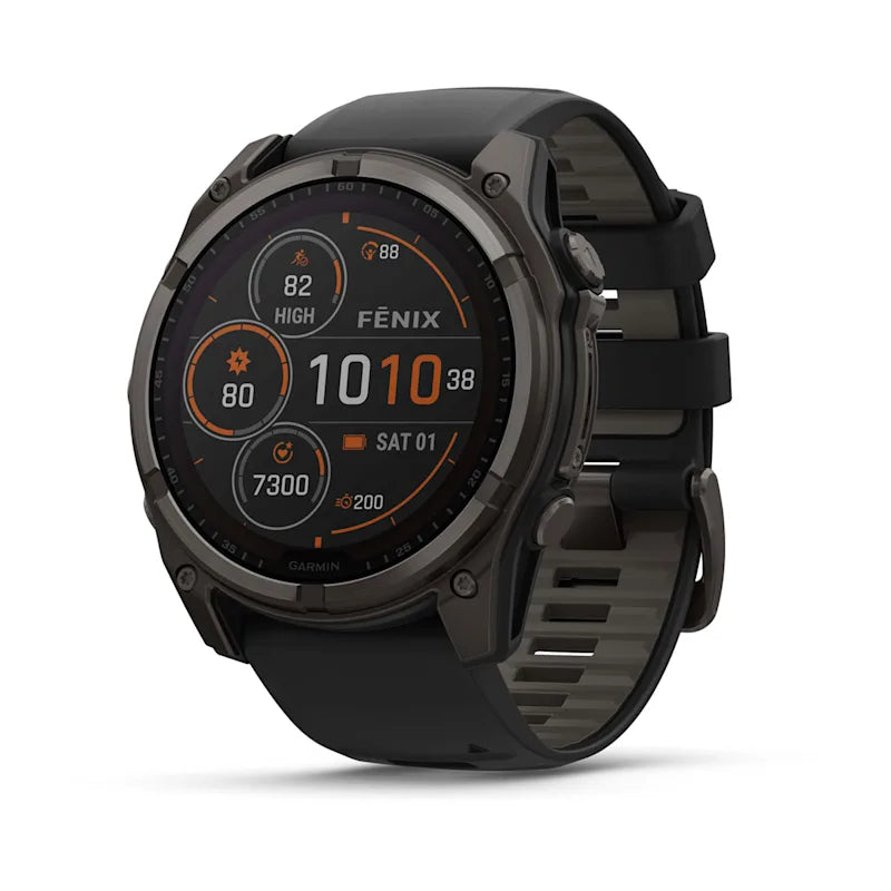 Garmin Fenix ​​8, 51 mm Solar Sapphire, titane DLC gris carbone avec bracelet en silicone noir/gris galet (010-02907-10)