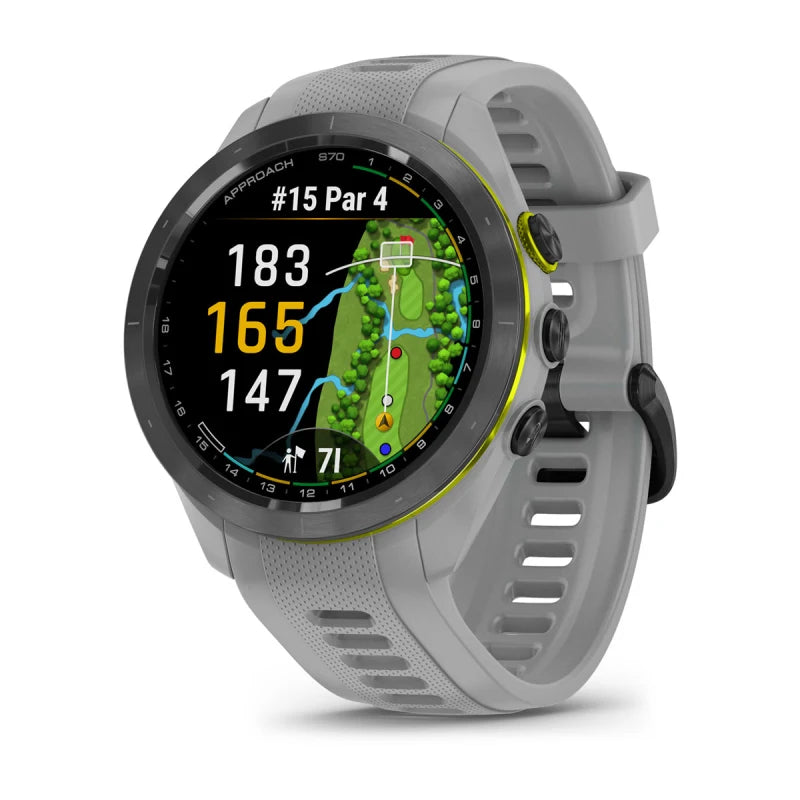 Garmin Approach S70, 42 mm Black/Amp Yellow Ceramic Bezel with Powder Gray Silicone Band (010-02746-01)