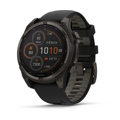 Garmin Fenix 8, 47 mm AMOLED, Solar Sapphire, Carbon Gray DLC Titanium with Black/Pebble Gray Silicone Band (010-02906-10)