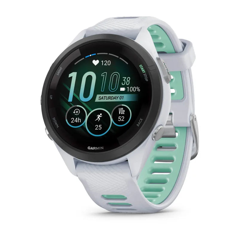 Garmin Forerunner 265S, lunette noire de 42 mm avec boîtier Whitestone et bracelet en silicone Whitestone/Neo Tropic (010-02810-04)