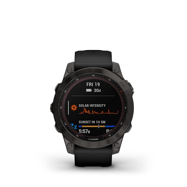 Garmin Fēnix 7 Sapphire Solar Sapph Solar, gris carbone DLC titane avec bracelet noir (remis à neuf certifié Garmin)