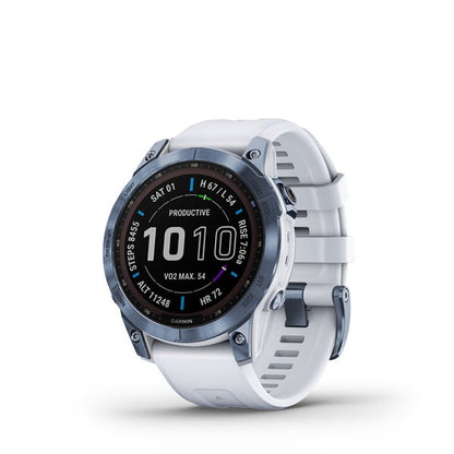 Garmin Fēnix 7 Sapphire Solar Sapph Solar Mineral Blue DLC Titanium avec bracelet Whitestone (reconditionné certifié Garmin)