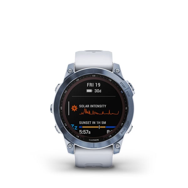 Garmin Fēnix 7 Sapphire Solar Sapph Solar Mineral Blue DLC Titanium avec bracelet Whitestone (reconditionné certifié Garmin)