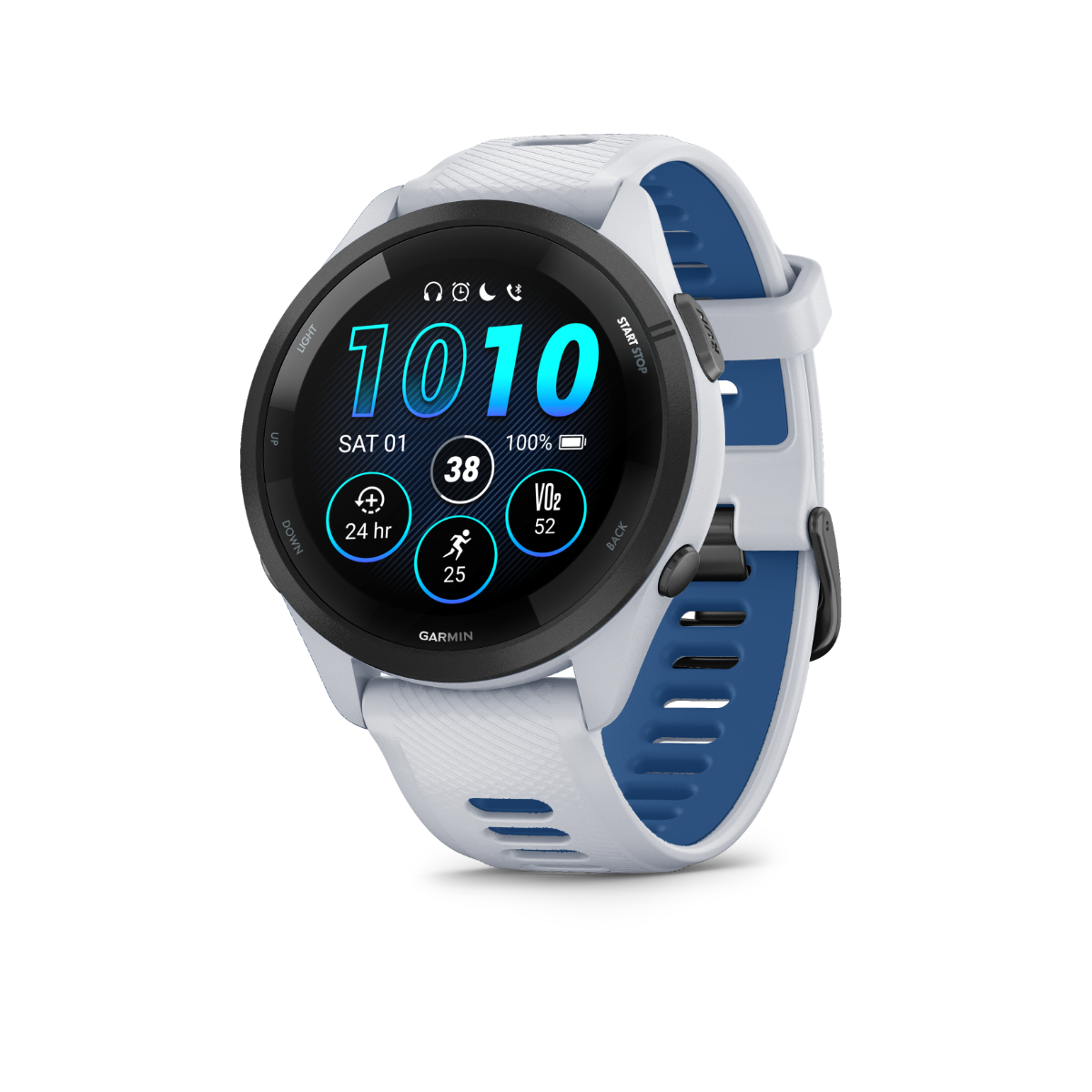 Garmin Forerunner 265, lunette noire/boîtier blanc et bracelet blanc/bleu, montre connectée GPS de fitness pour coureurs (010-02810-01)