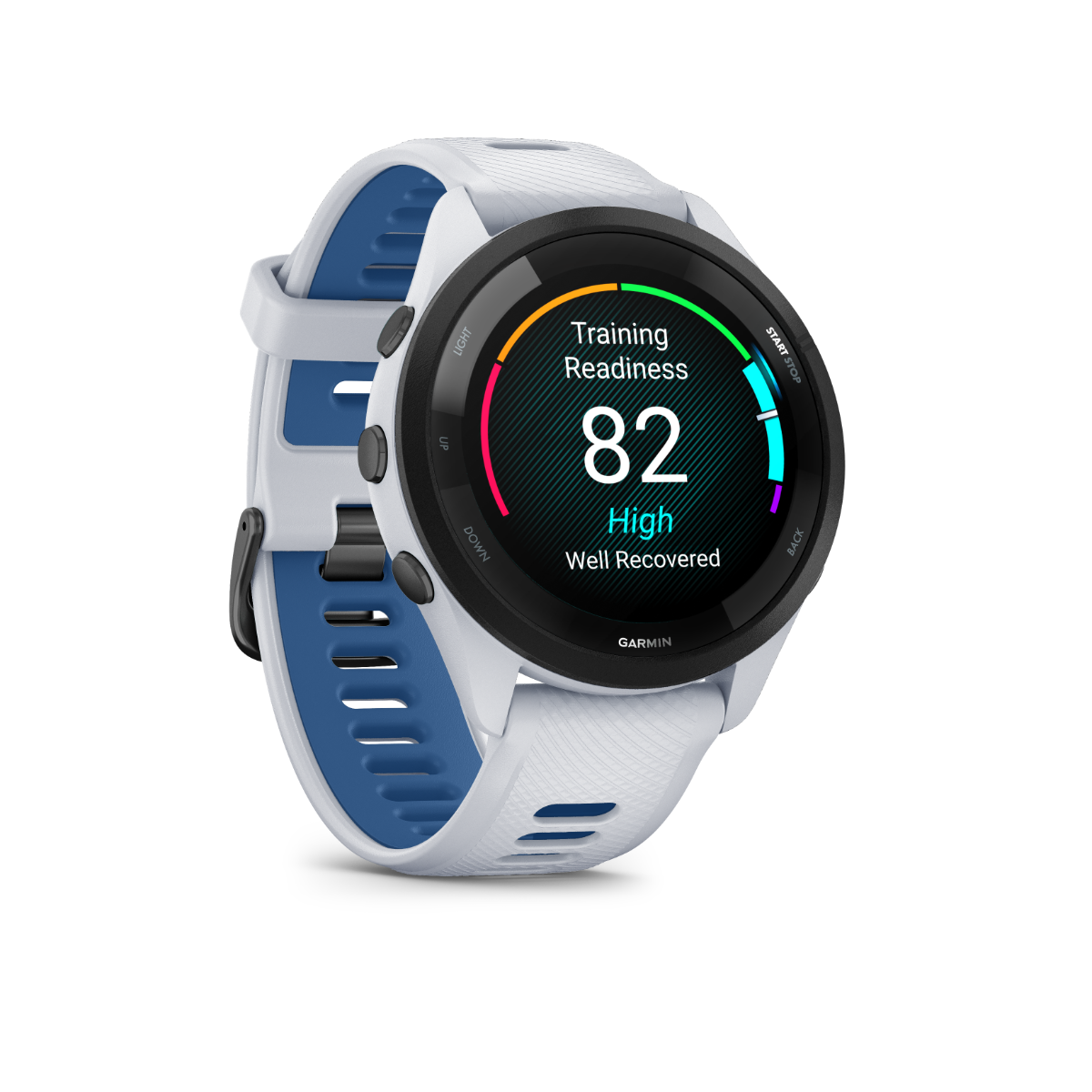 Garmin Forerunner 265, lunette noire/boîtier blanc et bracelet blanc/bleu, montre connectée GPS de fitness pour coureurs (010-02810-01)