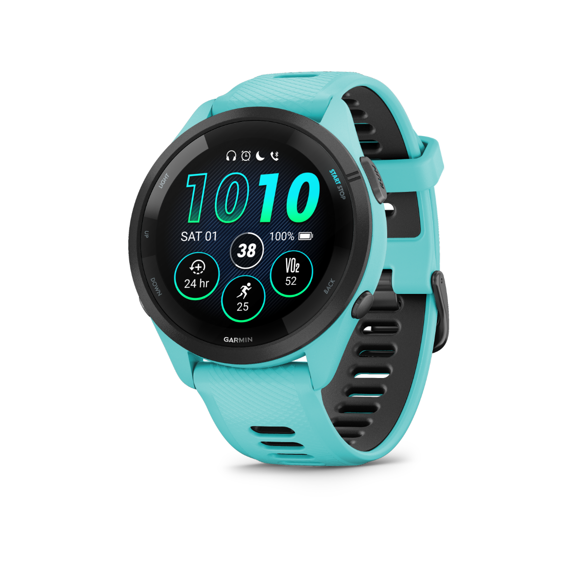 Garmin Forerunner 265, lunette noire/boîtier aqua avec bracelet aqua/noir, montre connectée GPS de fitness pour coureurs (010-02810-02)