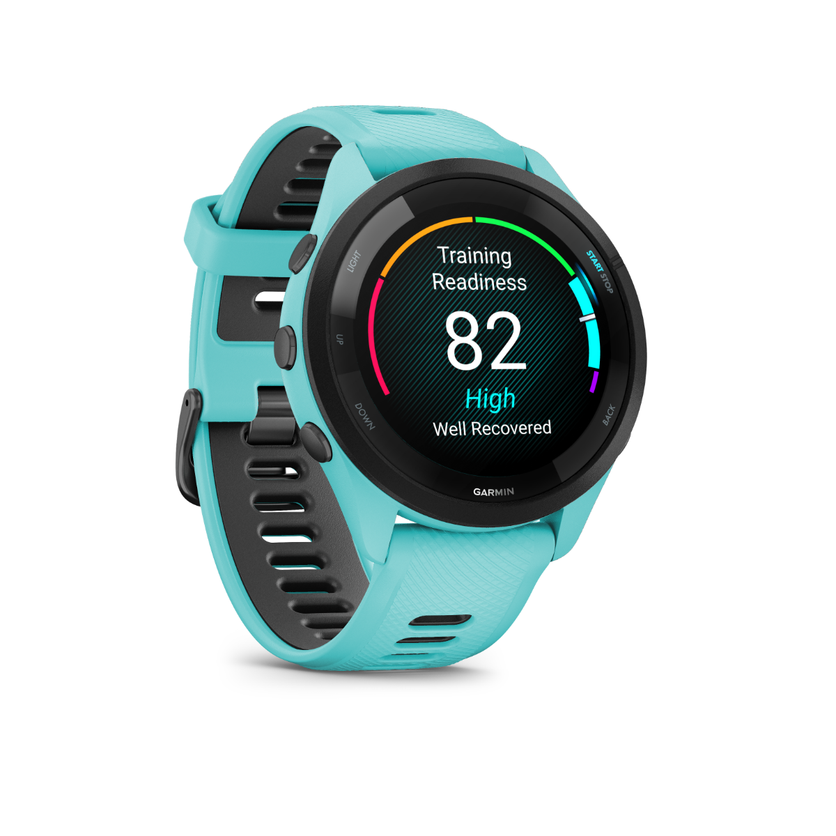 Garmin Forerunner 265, lunette noire/boîtier aqua avec bracelet aqua/noir, montre connectée GPS de fitness pour coureurs (010-02810-02)