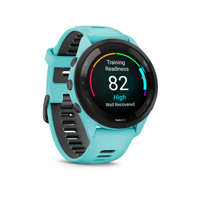 Garmin Forerunner 265, lunette noire/boîtier aqua avec bracelet aqua/noir, montre connectée GPS de fitness pour coureurs (010-02810-02)