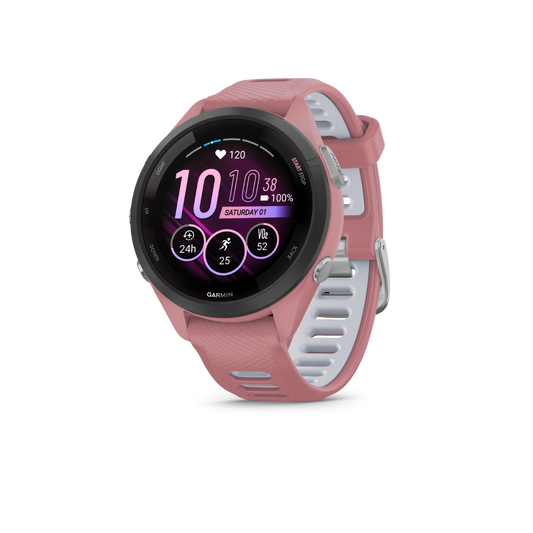 Garmin Forerunner 265S - Lunette noire avec boîtier rose clair et bracelet en silicone rose clair/blanc 