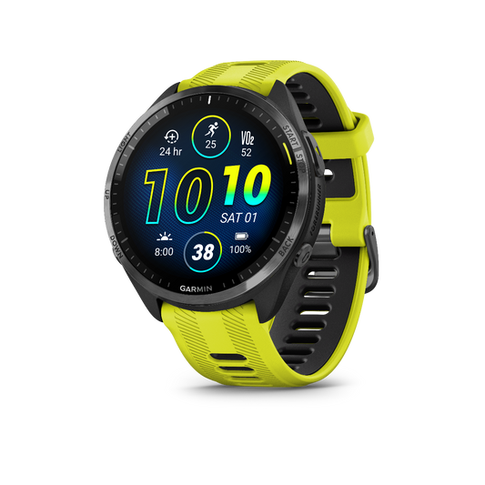 Garmin Forerunner 965 Carbon Gray DLC Titanium Bezel avec boîtier noir et bracelet en silicone jaune/noir 