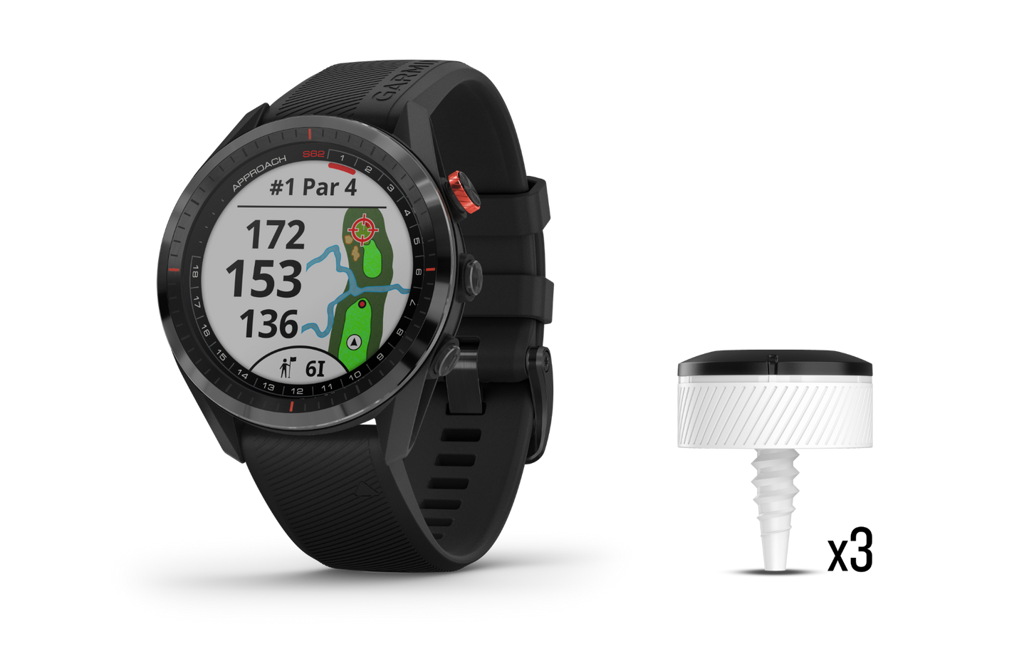 Garmin Approach S62 Bundle, montre connectée de golf GPS et télémètre noirs avec capteurs CT10 (010-02200-02)