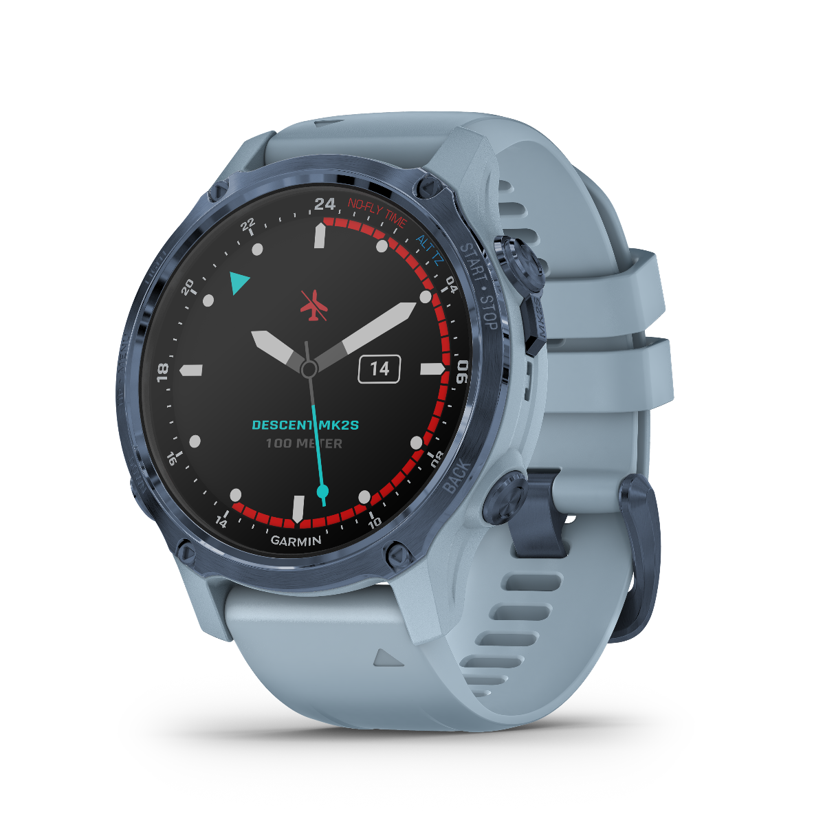 Garmin Descent Mk2S, montre connectée marine pour plongeurs, bracelet en silicone bleu minéral avec mousse de mer (010-02403-06)