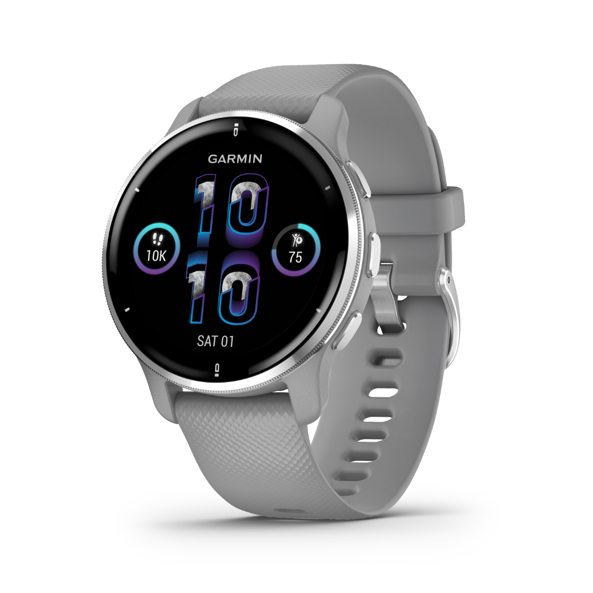 Garmin Venu 2 Plus - Lunette en acier inoxydable argenté avec boîtier gris poudré et bracelet en silicone (010-02496-00)