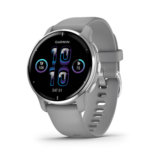 Garmin Venu 2 Plus - Lunette en acier inoxydable argenté avec boîtier gris poudré et bracelet en silicone (010-02496-00)