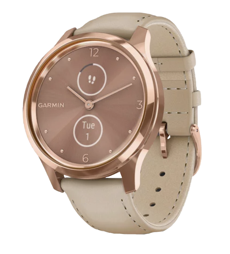 Garmin Vívomove Luxe - Boîtier en acier inoxydable PVD or rose 18 carats avec bracelet en cuir italien sable clair (010-02241-01)