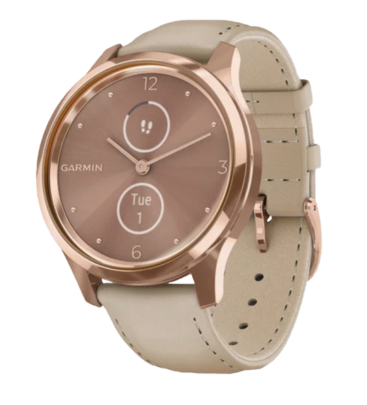 Garmin Vívomove Luxe - Boîtier en acier inoxydable PVD or rose 18 carats avec bracelet en cuir italien sable clair (010-02241-01)