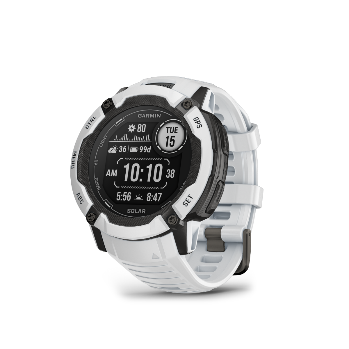 Garmin Instinct 2X Solar, Whitestone, montre intelligente GPS robuste avec GNSS multibande, lampe de poche intégrée, surveillance de la santé 24h/24 et 7j/7 et autonomie illimitée de la batterie solaire (010-02805-14)