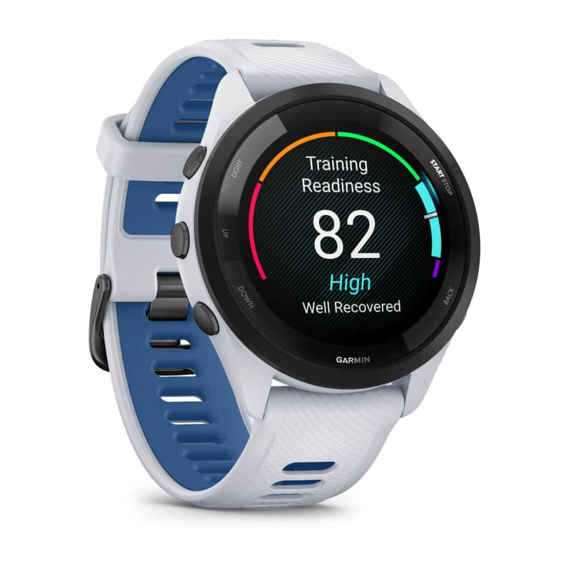 Garmin Forerunner 265, lunette noire de 46 mm avec boîtier Whitestone et bracelet en silicone Whitestone/Tidal Blue (010-02810-01)