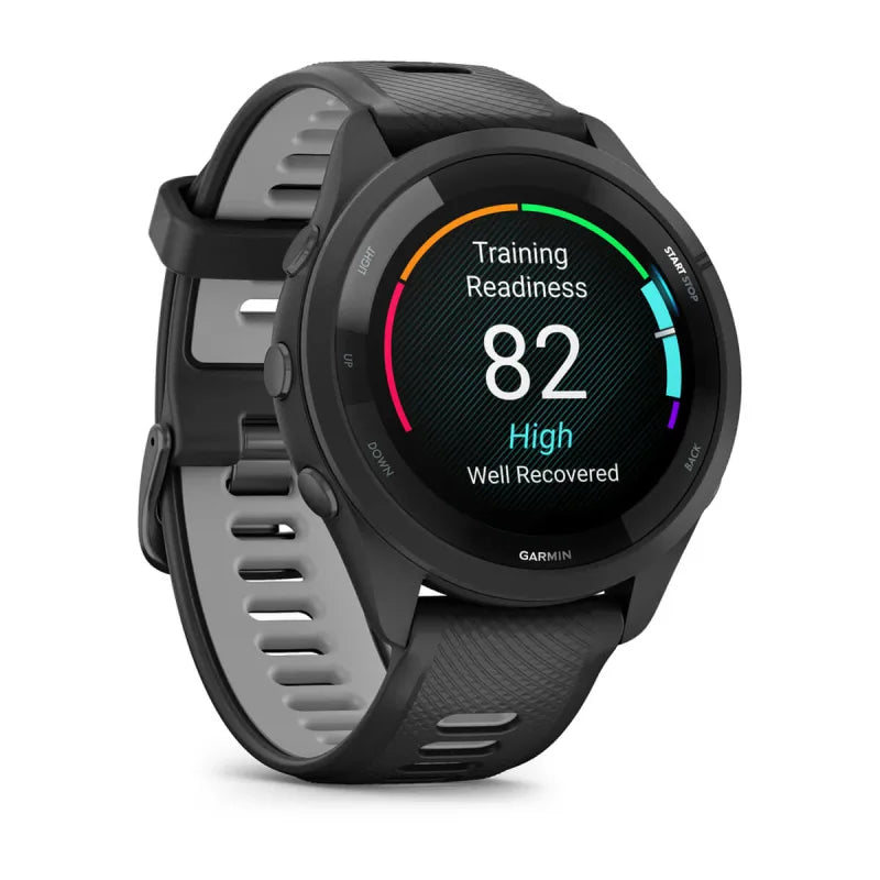 Garmin Forerunner 265, lunette et boîtier noirs de 46 mm avec bracelet en silicone noir/gris poudré (010-02810-00)