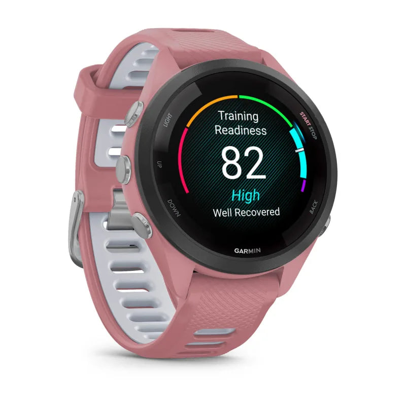 Garmin Forerunner 265S, lunette noire de 42 mm avec boîtier rose clair et bracelet en silicone rose clair/blanc (010-02810-05)