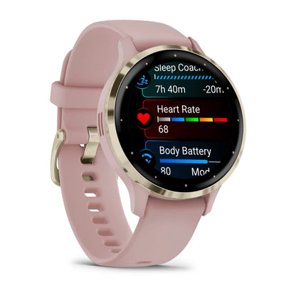 Garmin Venu 3S, 41 mm Soft Gold Stainless Steel Bezel with Dust Rose Case and Silicone Band (010-02785-03)