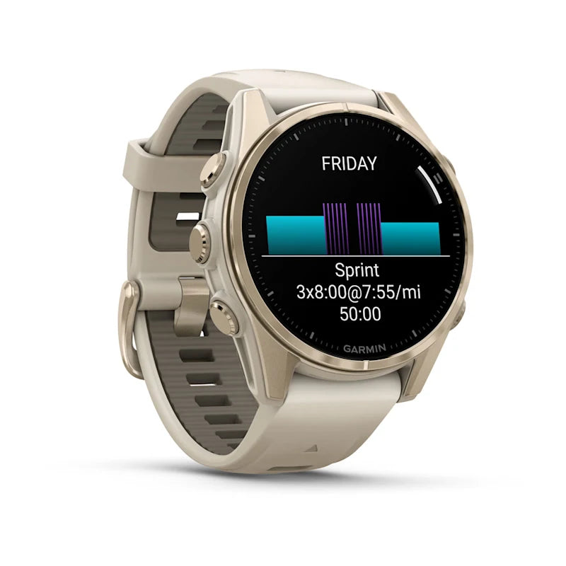 Garmin Fenix ​​8, 43 mm AMOLED Sapphire, or doux avec bracelet en silicone gris brouillard/sable foncé (010-02903-10)