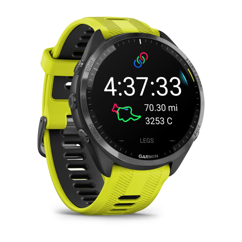 Garmin Forerunner 965, Carbon Gray DLC Titanium Bezel with Black Case and Amp Yellow/Black Silicone Band (010-02809-02)