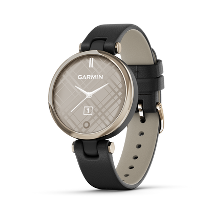 Garmin Lily - Édition classique avec lunette dorée crème et boîtier noir et bracelet en cuir italien 