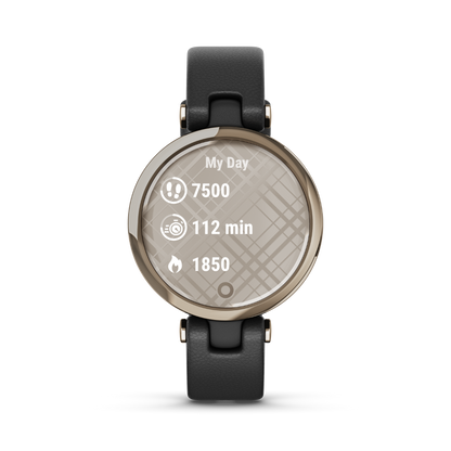 Garmin Lily - Édition classique avec lunette dorée crème et boîtier noir et bracelet en cuir italien 