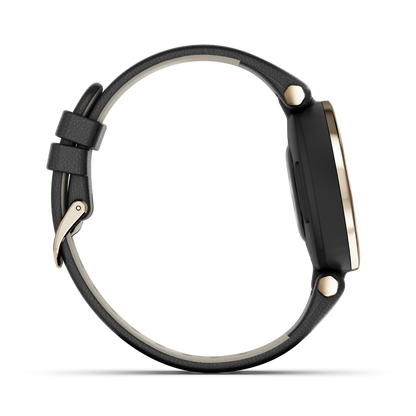 Garmin Lily - Édition classique avec lunette dorée crème et boîtier noir et bracelet en cuir italien 