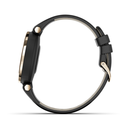 Garmin Lily - Édition classique avec lunette dorée crème et boîtier noir et bracelet en cuir italien 