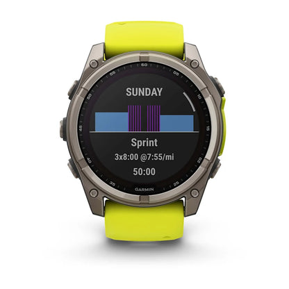 Garmin Fenix 8, 51 mm Solar Sapphire, Titanium with Amp Yellow/Graphite Silicone Band (010-02907-20)