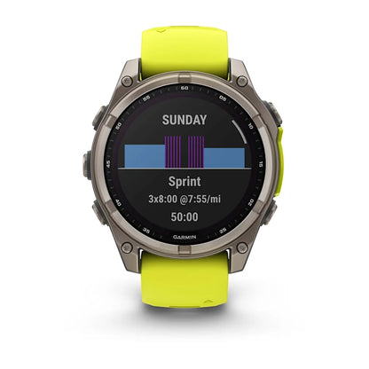 Garmin Fenix 8, 47 mm AMOLED, Solar Sapphire Titanium with Amp Yellow/Graphite Silicone Band (010-02906-20)