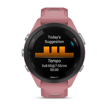 Garmin Forerunner 265S, lunette noire de 42 mm avec boîtier rose clair et bracelet en silicone rose clair/blanc (010-02810-05)