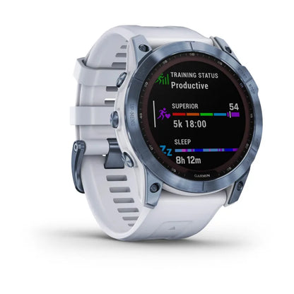 Garmin Fēnix 7X, édition solaire Sapphire, titane bleu minéral avec bracelet Whitestone (reconditionné certifié Garmin)