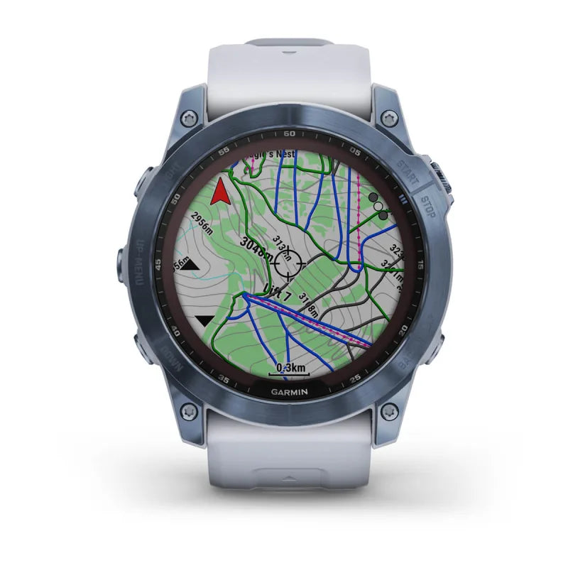 Garmin Fēnix 7X, édition solaire Sapphire, titane bleu minéral avec bracelet Whitestone (reconditionné certifié Garmin)