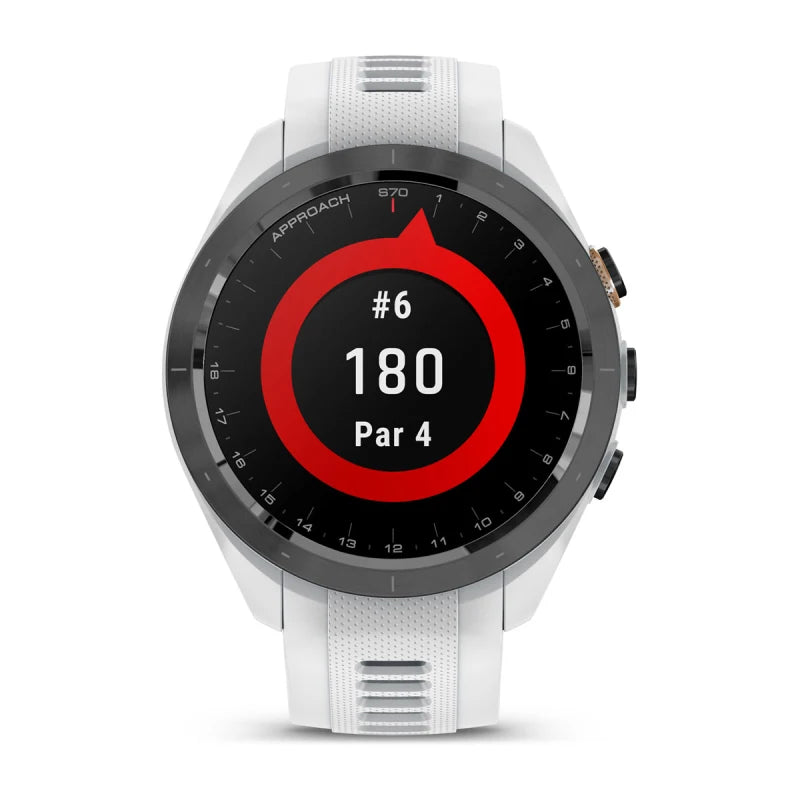 Garmin Approach S70, lunette en céramique noire/pêche de 42 mm avec bracelet en silicone blanc (010-02746-00)