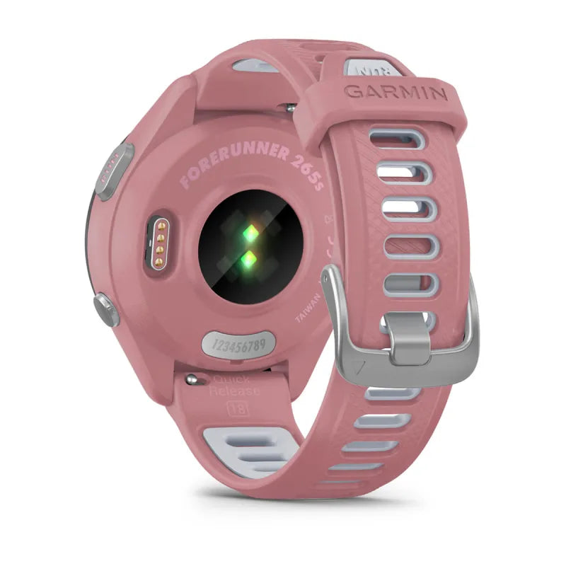 Garmin Forerunner 265S, lunette noire de 42 mm avec boîtier rose clair et bracelet en silicone rose clair/blanc (010-02810-05)