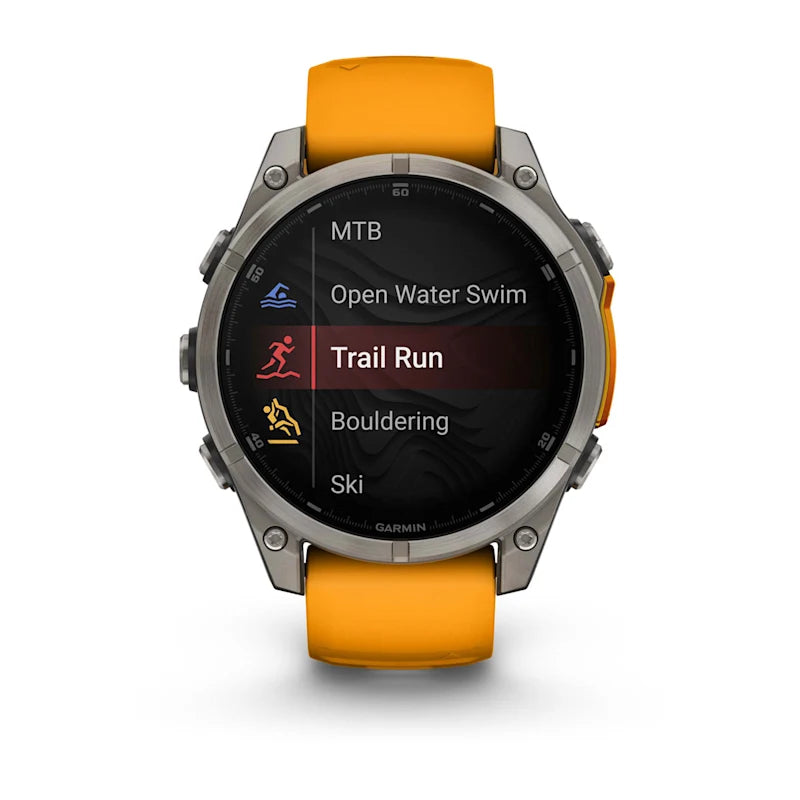 Garmin Fenix ​​8, 47 mm AMOLED Sapphire, titane avec bracelet en silicone Spark Orange/Graphite (010-02904-10)