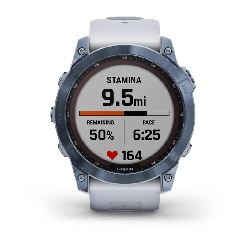 Garmin Fēnix 7X, édition solaire Sapphire, titane bleu minéral avec bracelet Whitestone (reconditionné certifié Garmin)