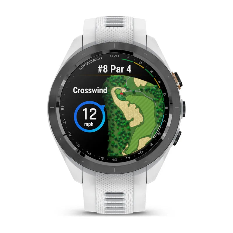 Garmin Approach S70, lunette en céramique noire/pêche de 42 mm avec bracelet en silicone blanc (010-02746-00)