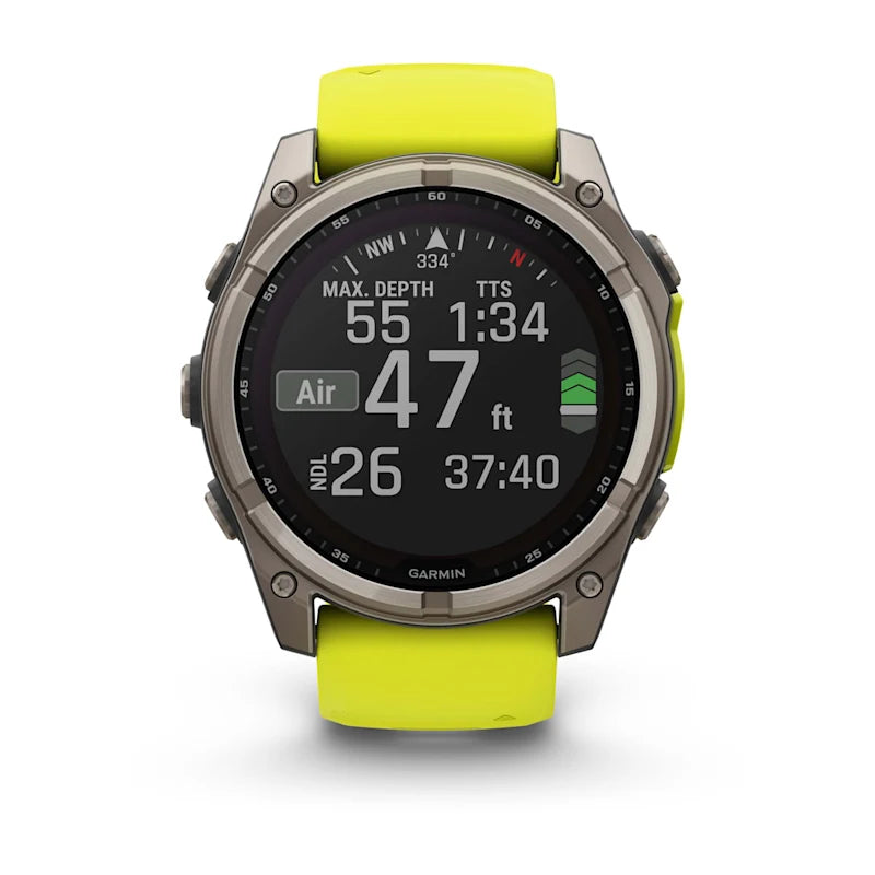 Garmin Fenix 8, 51 mm Solar Sapphire, Titanium with Amp Yellow/Graphite Silicone Band (010-02907-20)