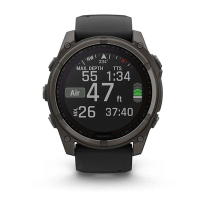 Garmin Fenix ​​8, 51 mm Solar Sapphire, titane DLC gris carbone avec bracelet en silicone noir/gris galet (010-02907-10)